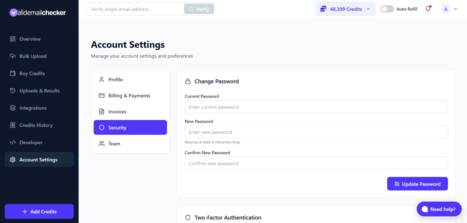 Change password section with three fields: current password, new password, and confirm new password