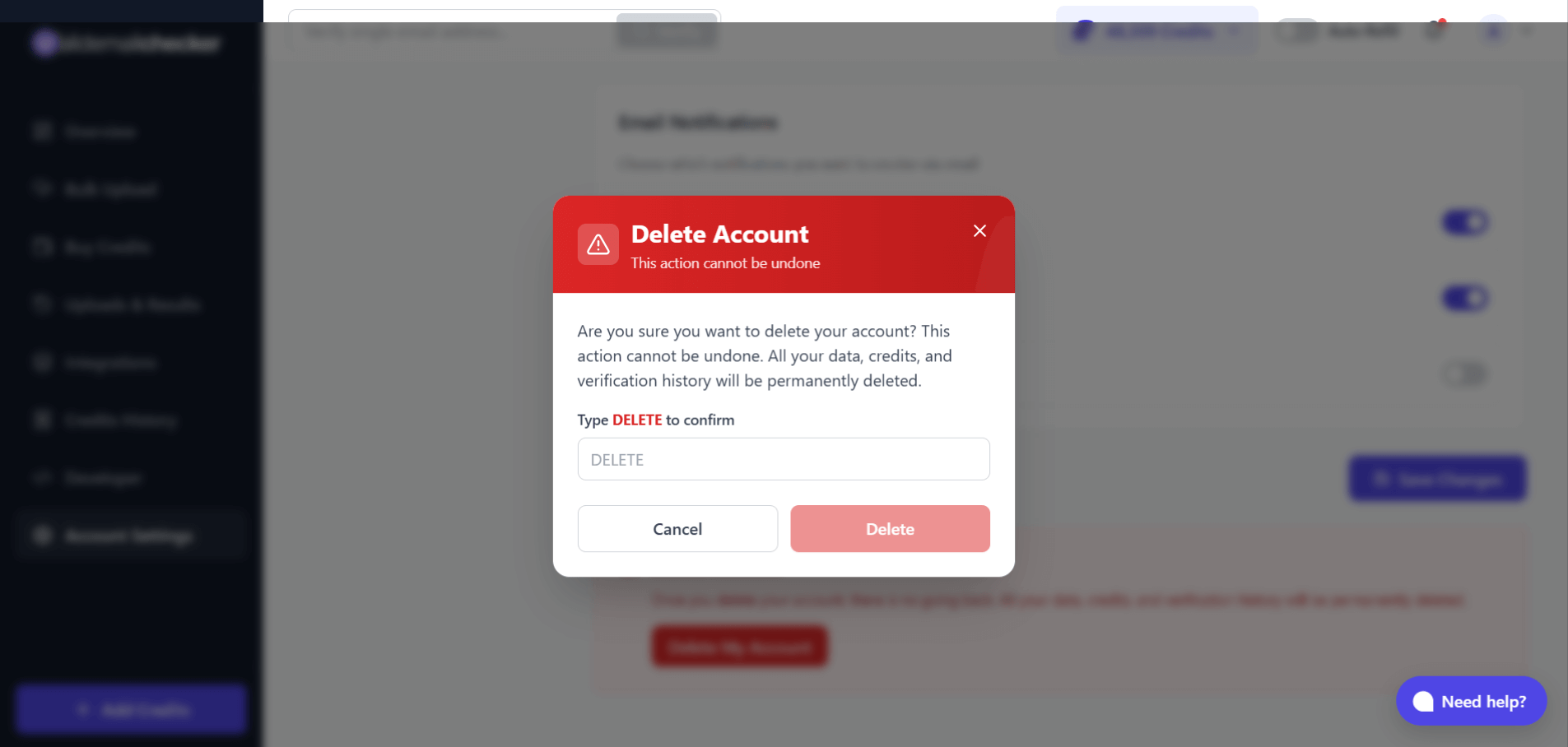 Account deletion confirmation modal with warning text and a field requiring the user to type DELETE in uppercase
