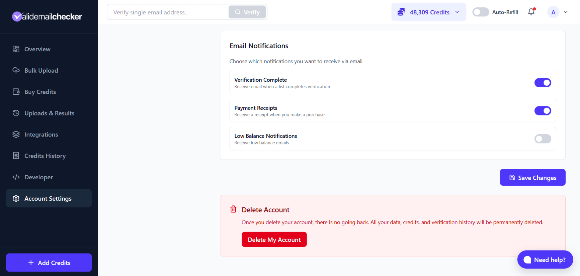 Email notification preferences section with toggles for Verification Complete, Payment Receipts, Subscription Updates, and Low Balance, plus a threshold field and recipient list for low-balance alerts