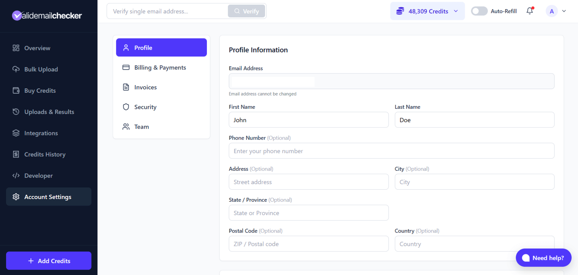 Profile settings page with fields for name, phone, and address, and a section for notification preferences below