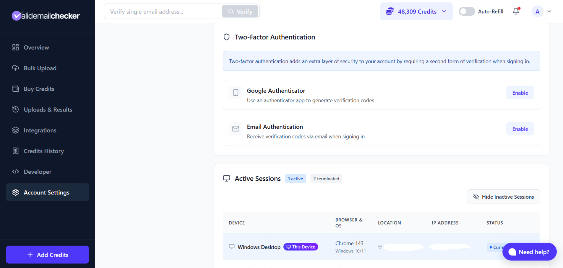 Two-factor authentication section showing two methods: Google Authenticator and Email Authentication, each with an Enable button
