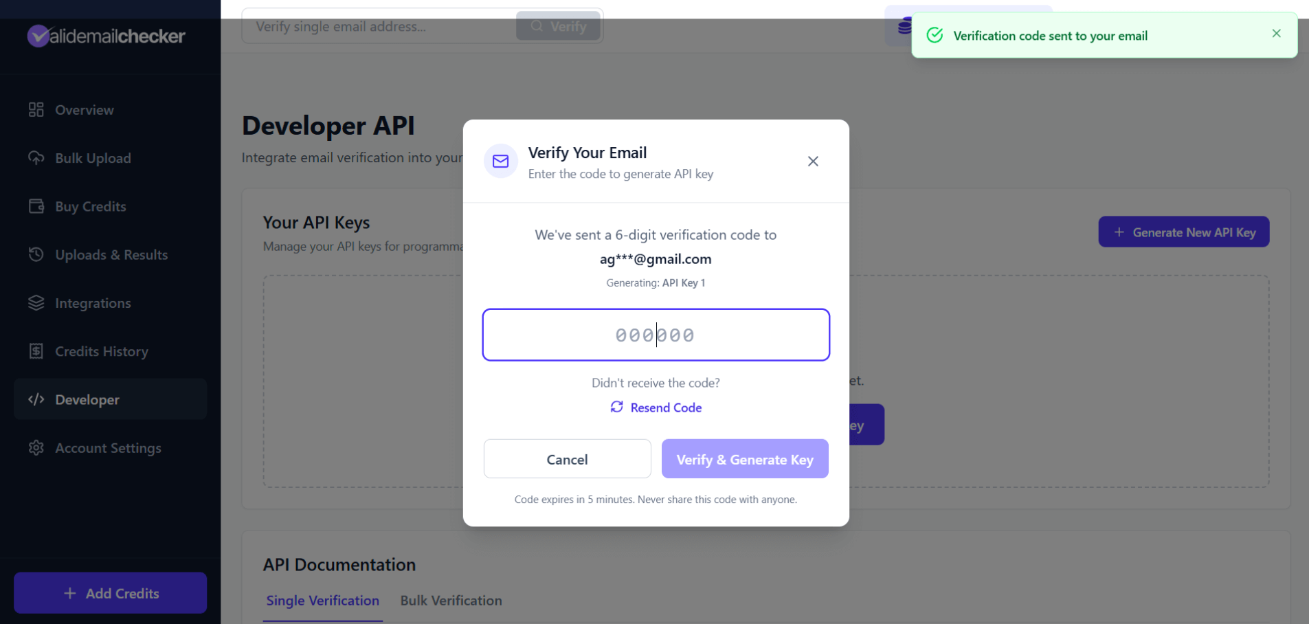API key generation verification modal with a 6-digit code input field and Verify & Generate Key button