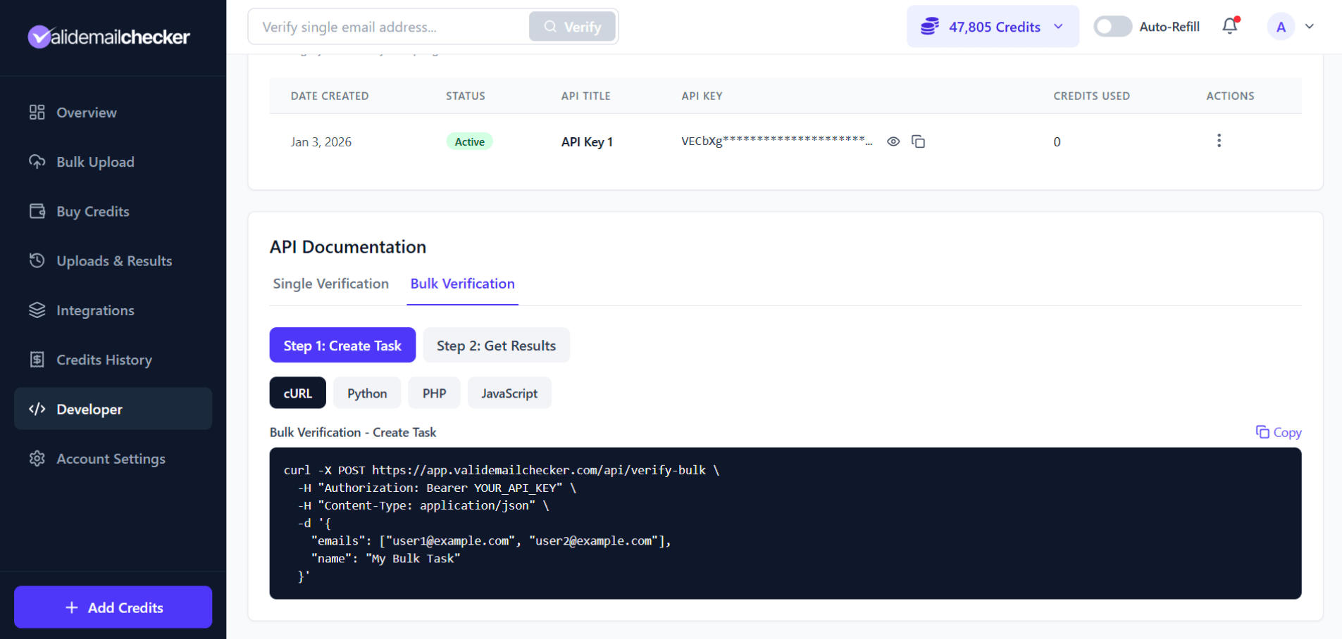 API documentation example for the bulk-verify endpoint, showing a POST request with an emails array and the task_id response