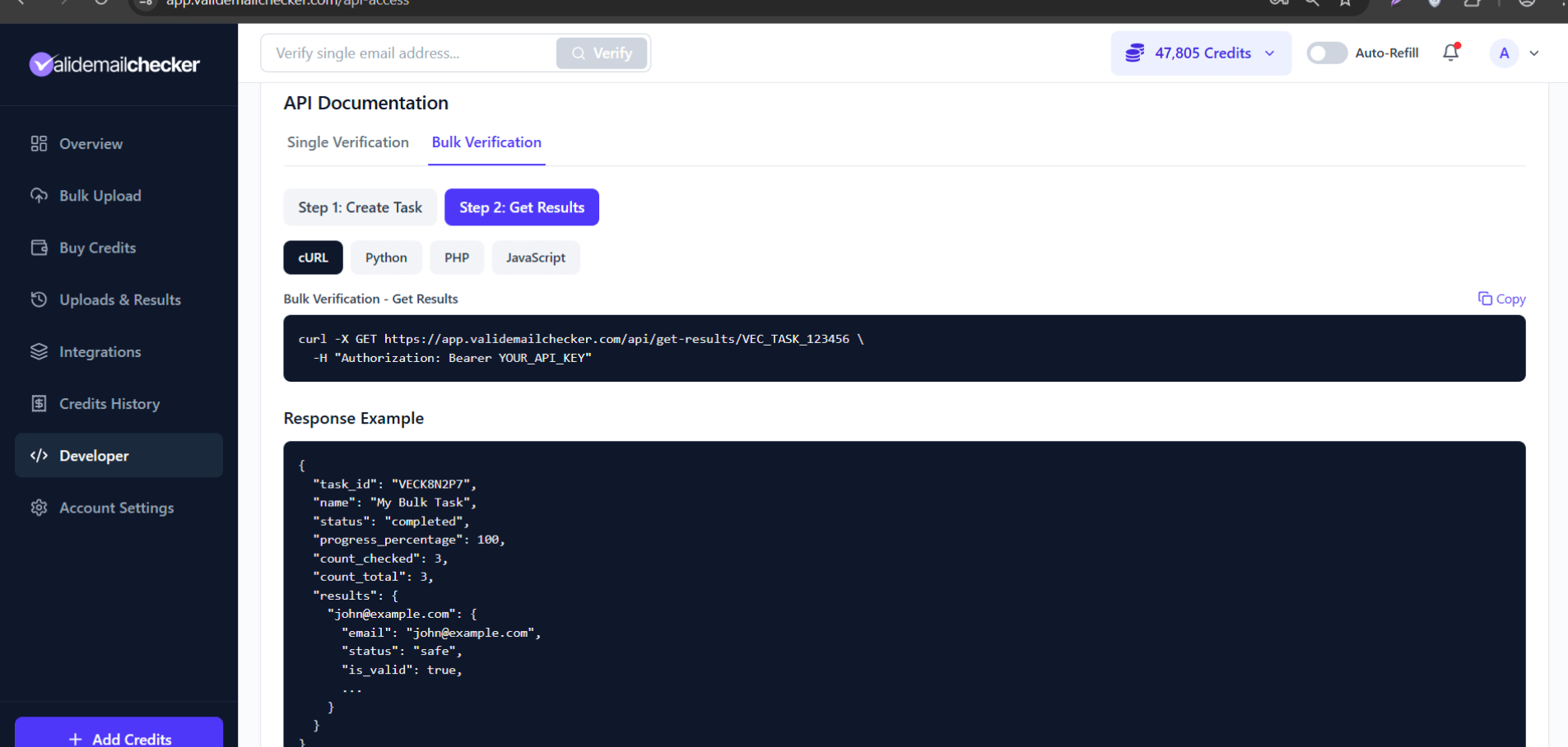 API documentation example for the get-results endpoint, showing a GET request with the task_id in the URL path and the full results payload returned