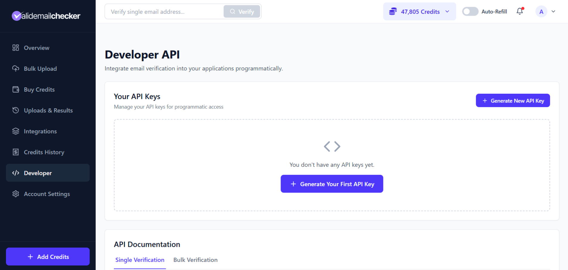Developer page in the Valid Email Checker dashboard with a Generate New API Key button and a placeholder for the API keys table