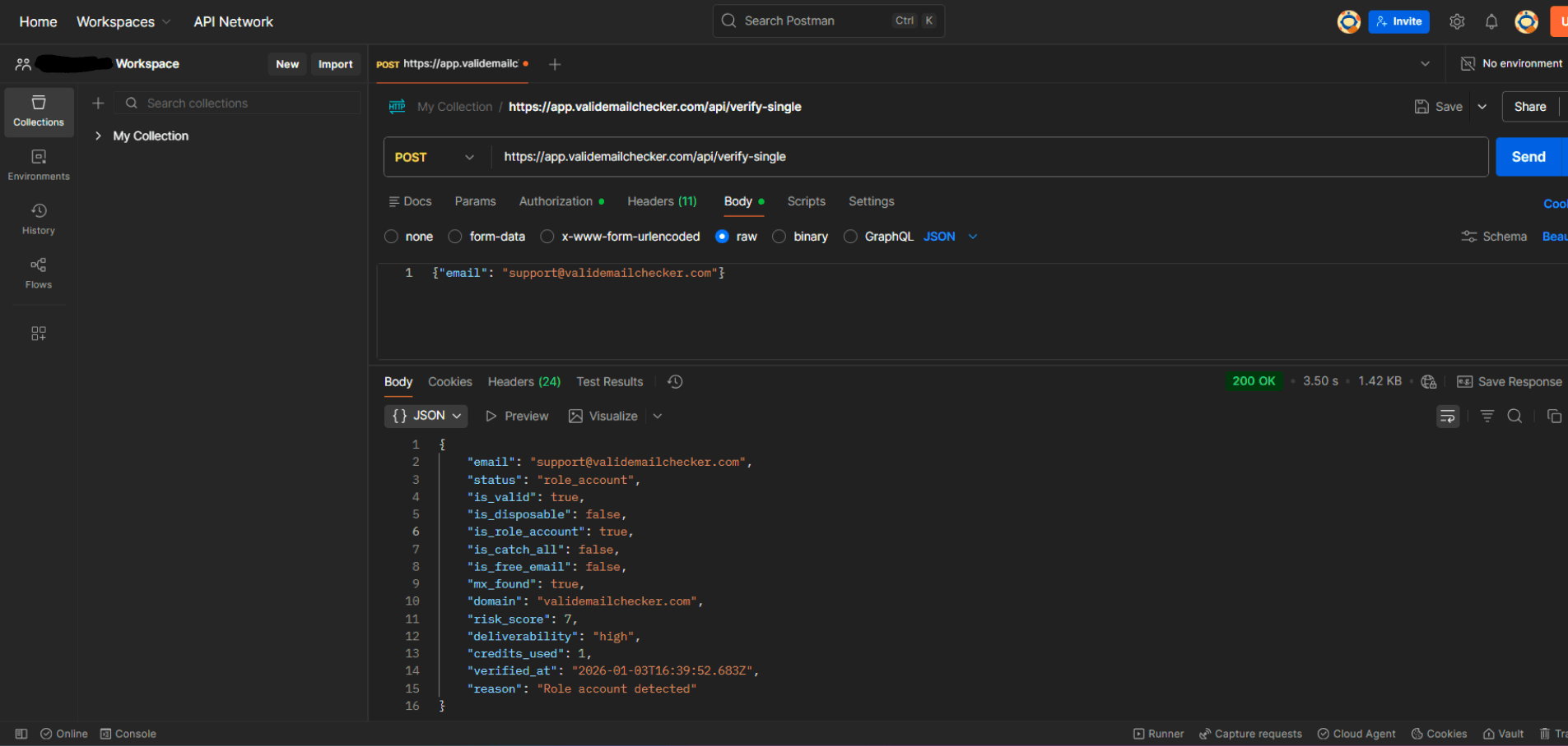 Postman client showing a real 200 OK response with the JSON verification result for a role account address