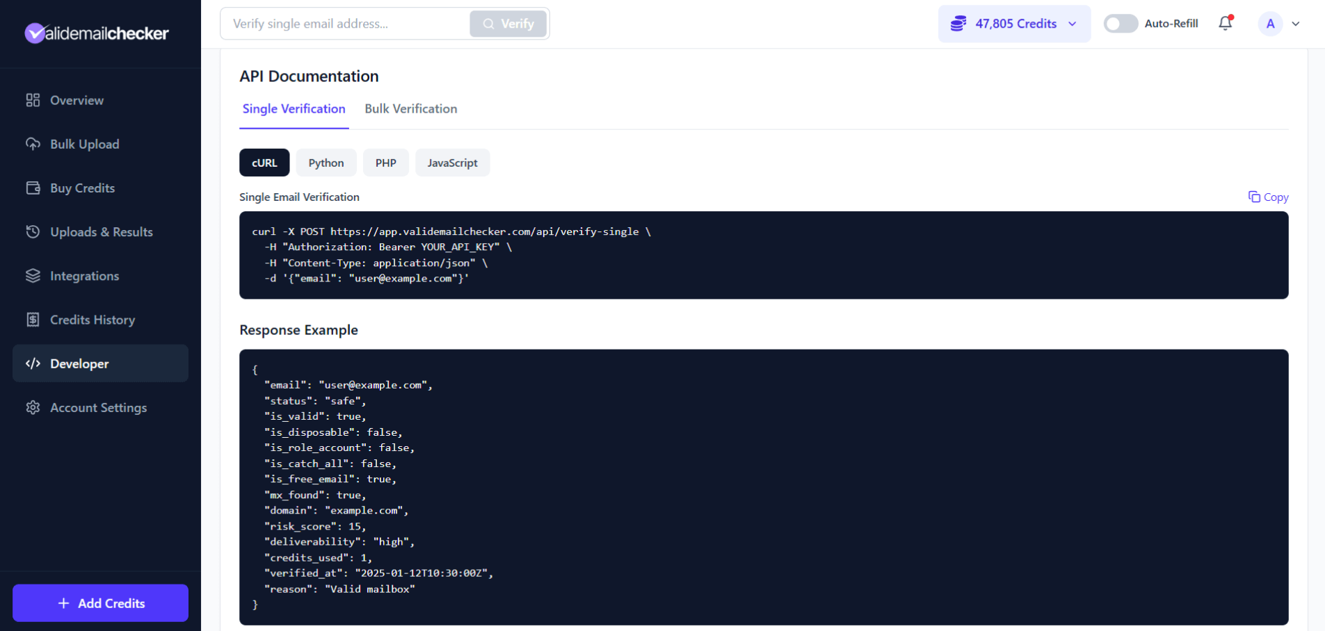 API documentation page showing a single verification example with the request body and Postman-style preview
