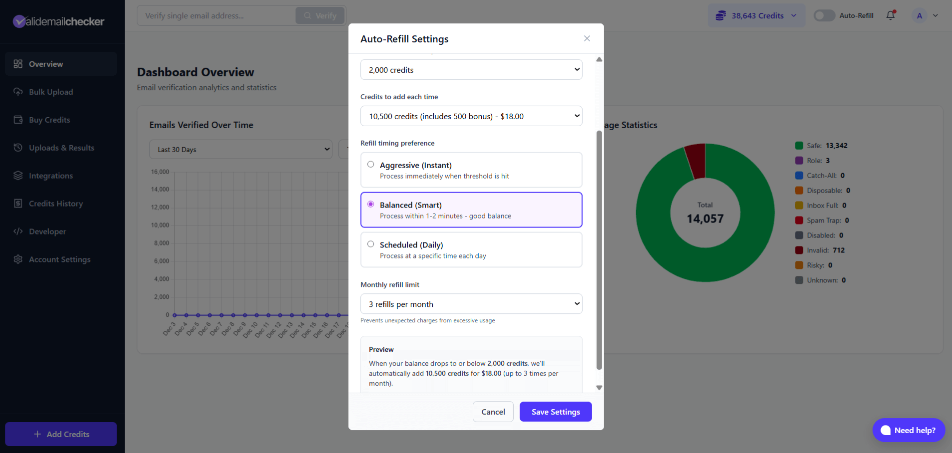 Auto-Refill Settings modal with fields for refill threshold, credits to add, timing preference (Aggressive/Balanced/Scheduled), and monthly refill limit