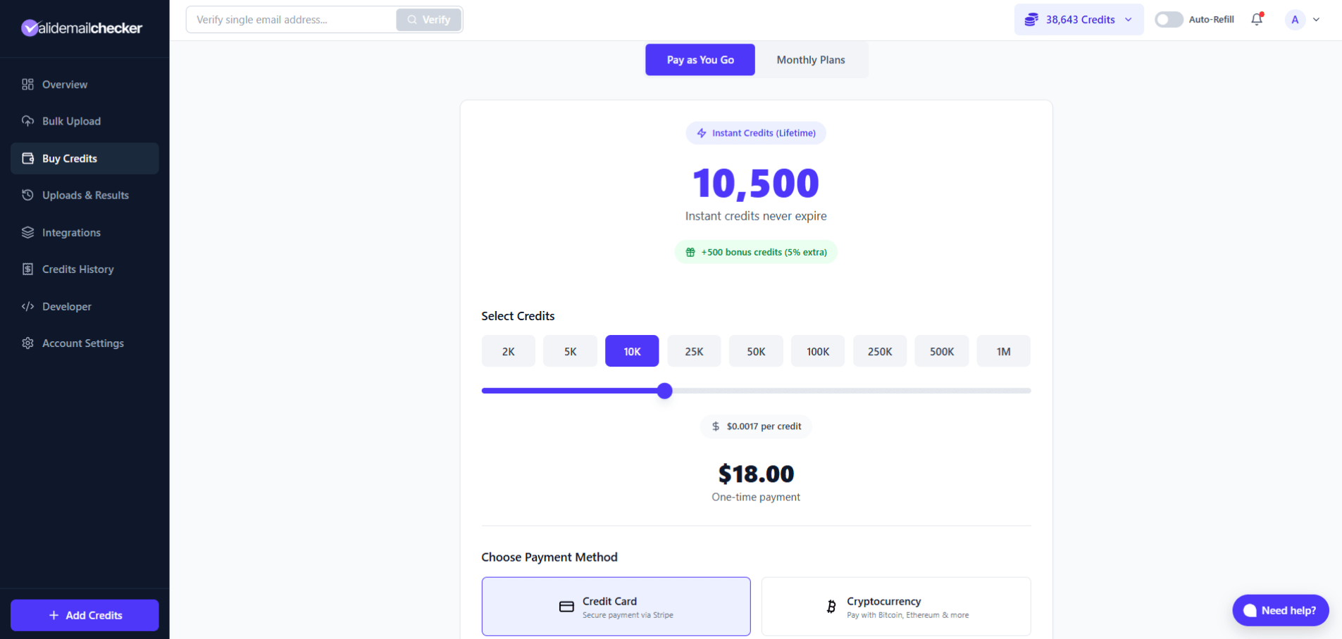 Buy Credits page in the dashboard showing PAYG credit tiers with prices, credit totals, and bonus amounts highlighted on each tier