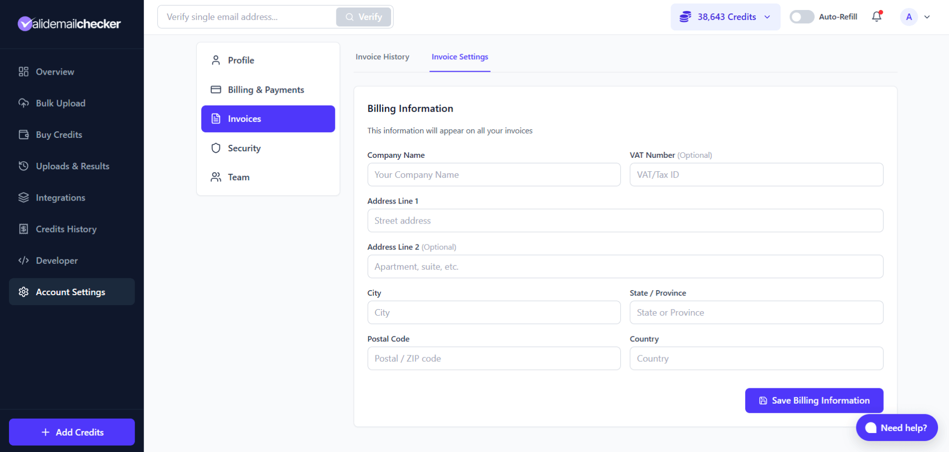 Invoice Settings tab showing fields for company name, VAT number, address, city, state, postal code, and country