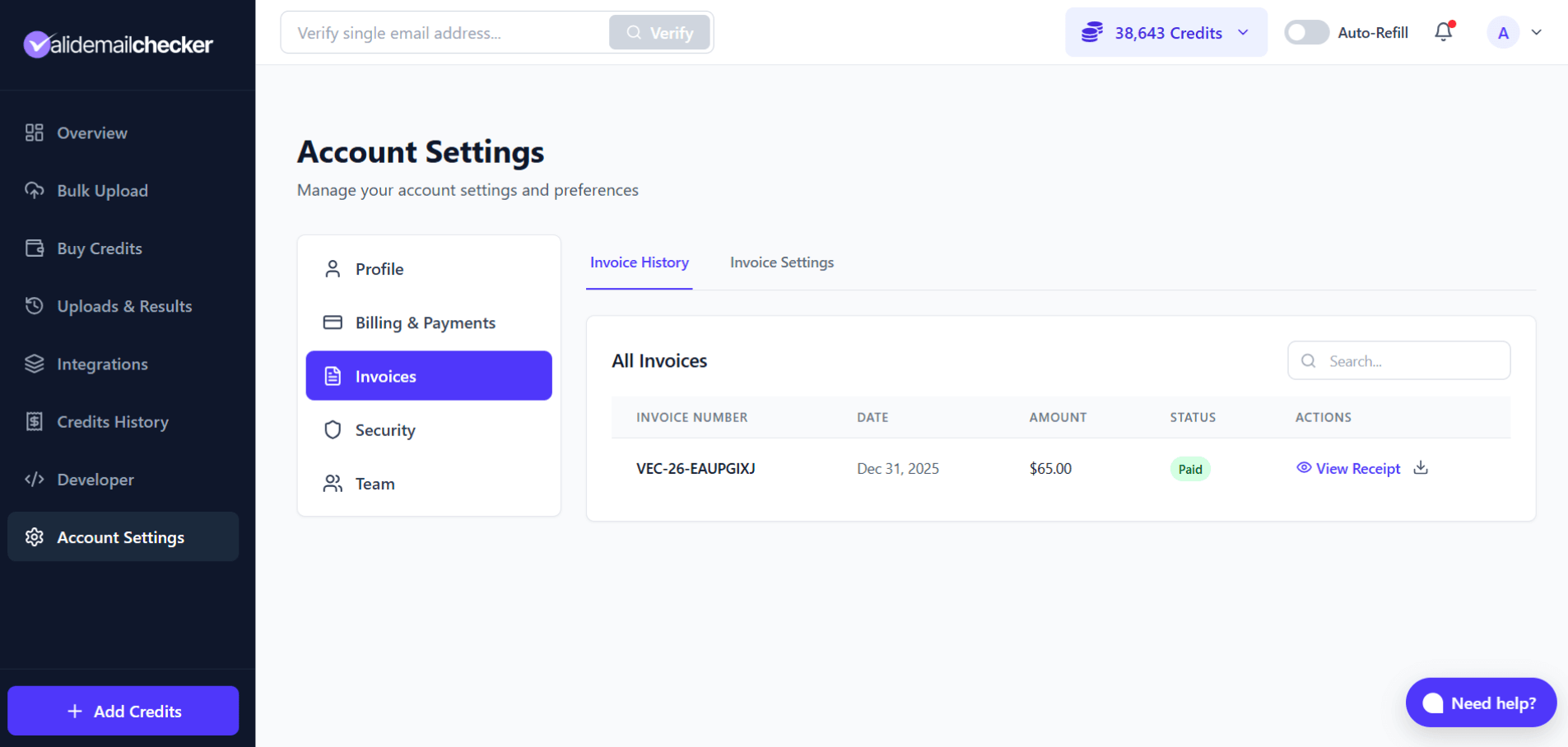 Invoice History page showing a table of past invoices with invoice number, date, amount, status, and download buttons