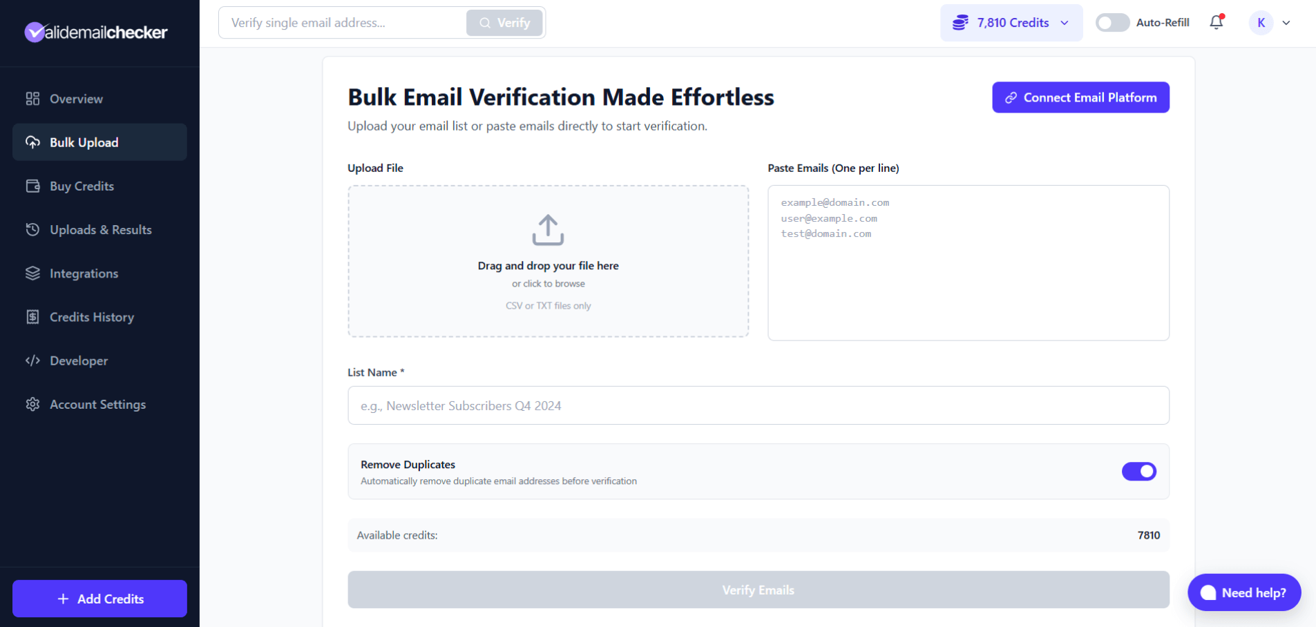 Bulk upload page