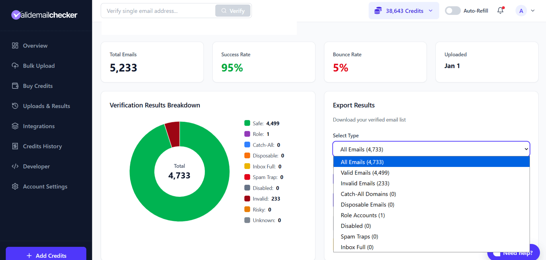 Export Results panel with the Select Type dropdown open, showing All Emails, Valid Emails, Invalid Emails, Catch-All, Disposable, Role, Disabled, Spam Trap, and Inbox Full options with counts in parentheses