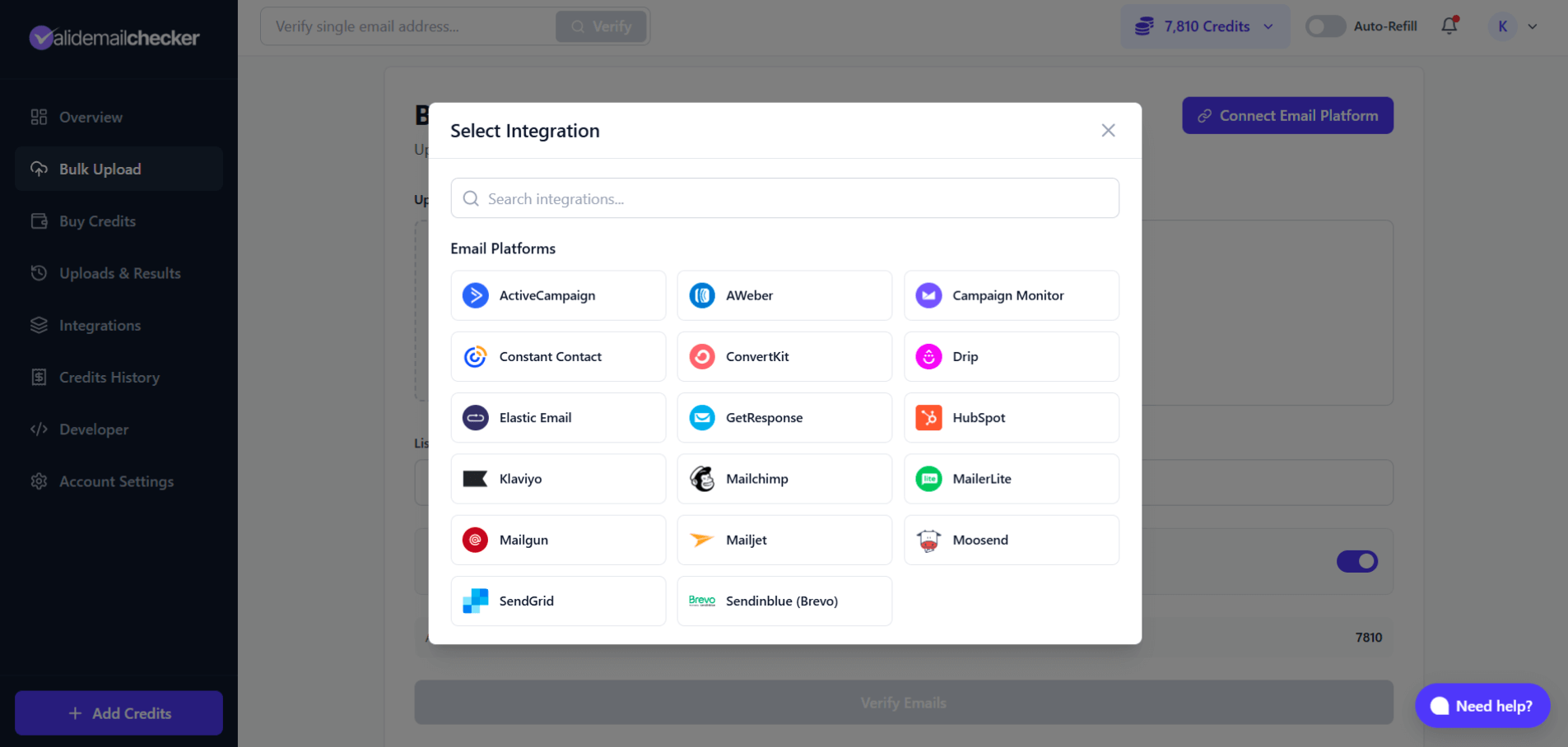 Integrations modal showing logo tiles for ActiveCampaign, AWeber, Brevo, Campaign Monitor, HubSpot, Klaviyo, Mailchimp, and more