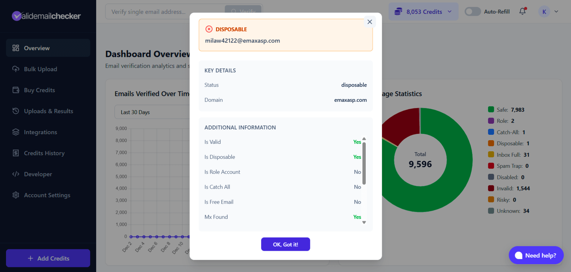 Single email verification result modal showing a disposable email status with detailed flags and risk score