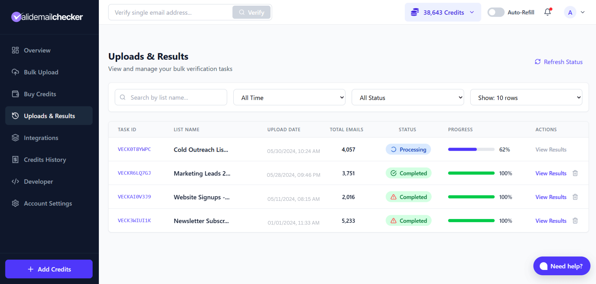 Uploads and results page