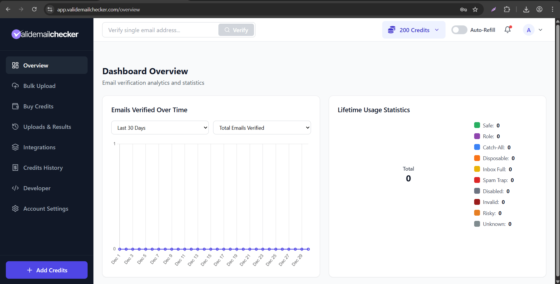 Valid Email Checker dashboard after first login