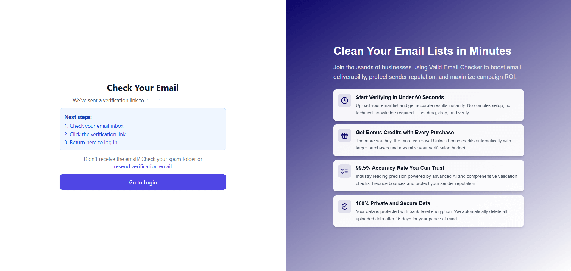 Check your email prompt after signup