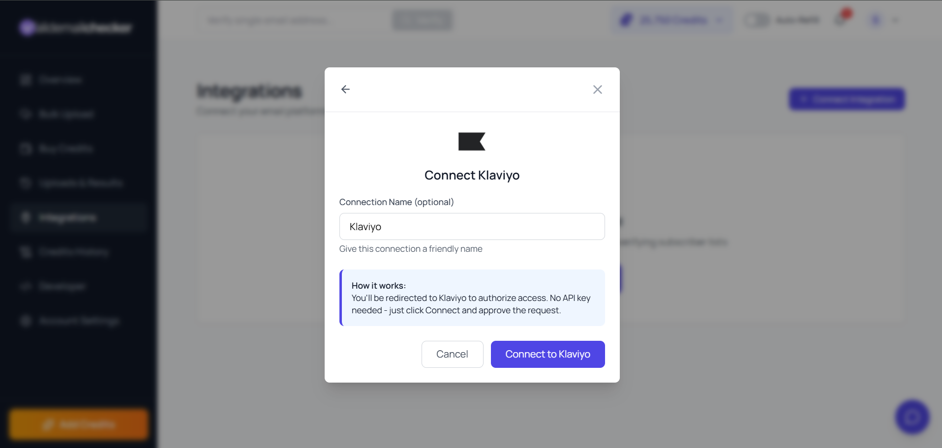 Connect Klaviyo modal in Valid Email Checker showing one-click OAuth with no API key required