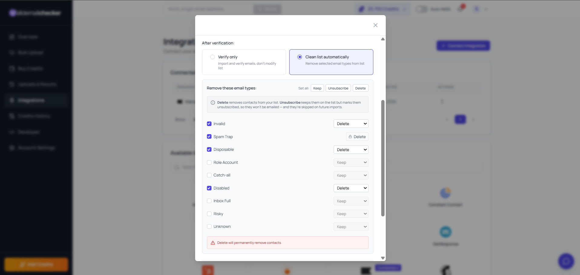 Clean-list settings for Klaviyo with per-type Keep, Unsubscribe and Delete dropdowns and a Set all control