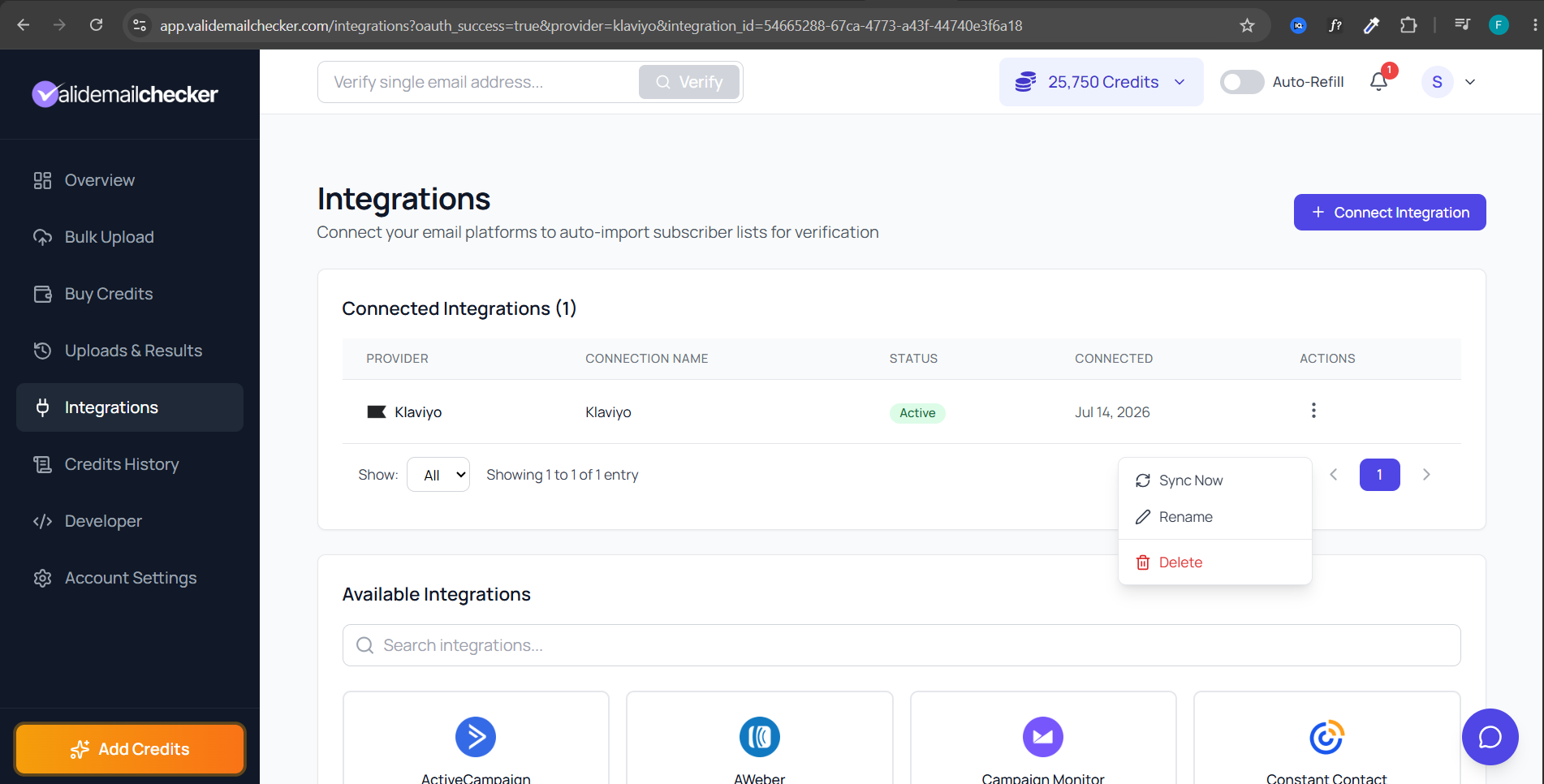 Klaviyo connection row menu in Valid Email Checker with Sync Now, Rename and Delete options