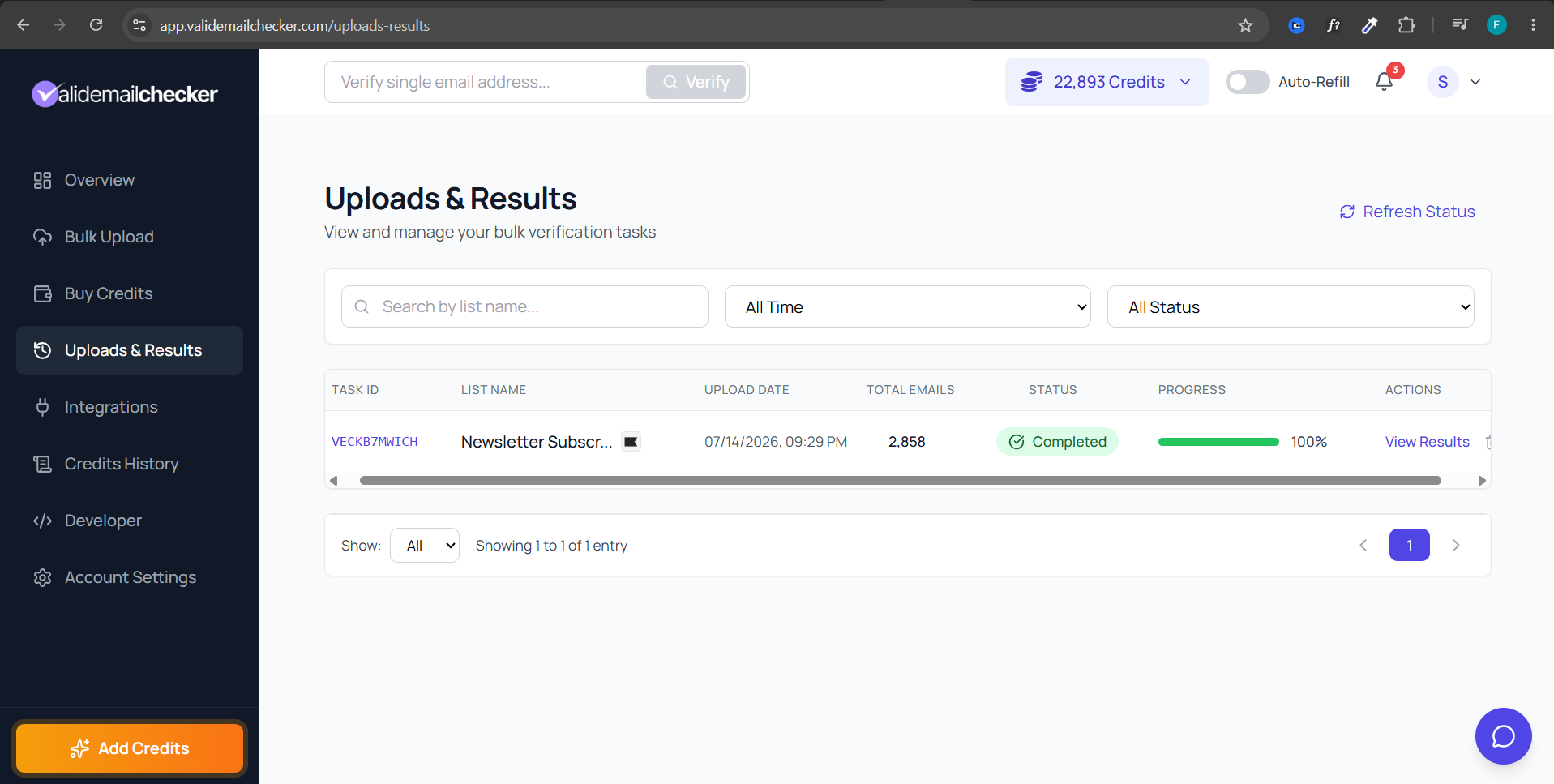 Uploads and Results page showing a completed Klaviyo list verification with a View Results action