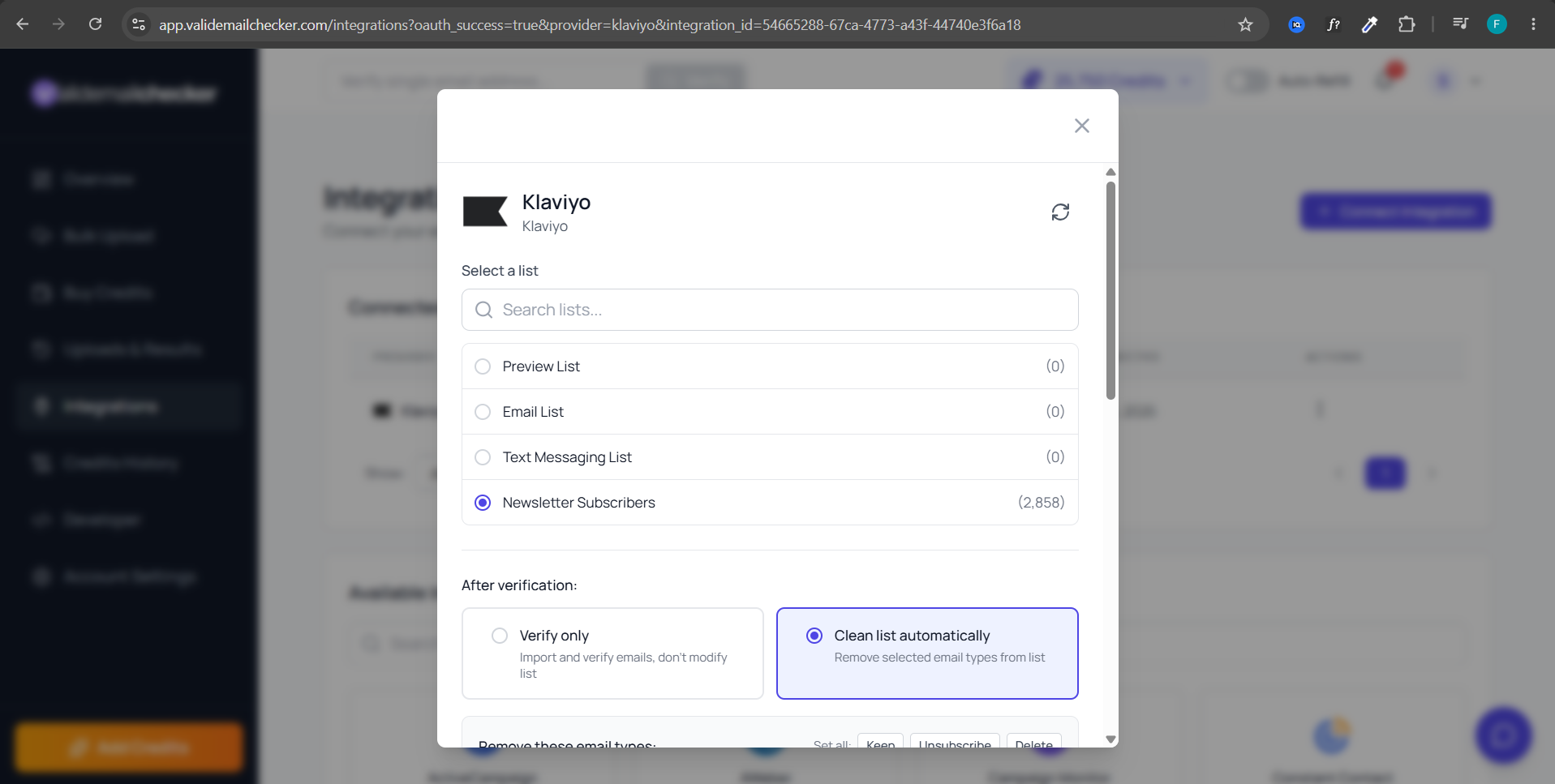 Valid Email Checker list picker showing Klaviyo lists with a search field