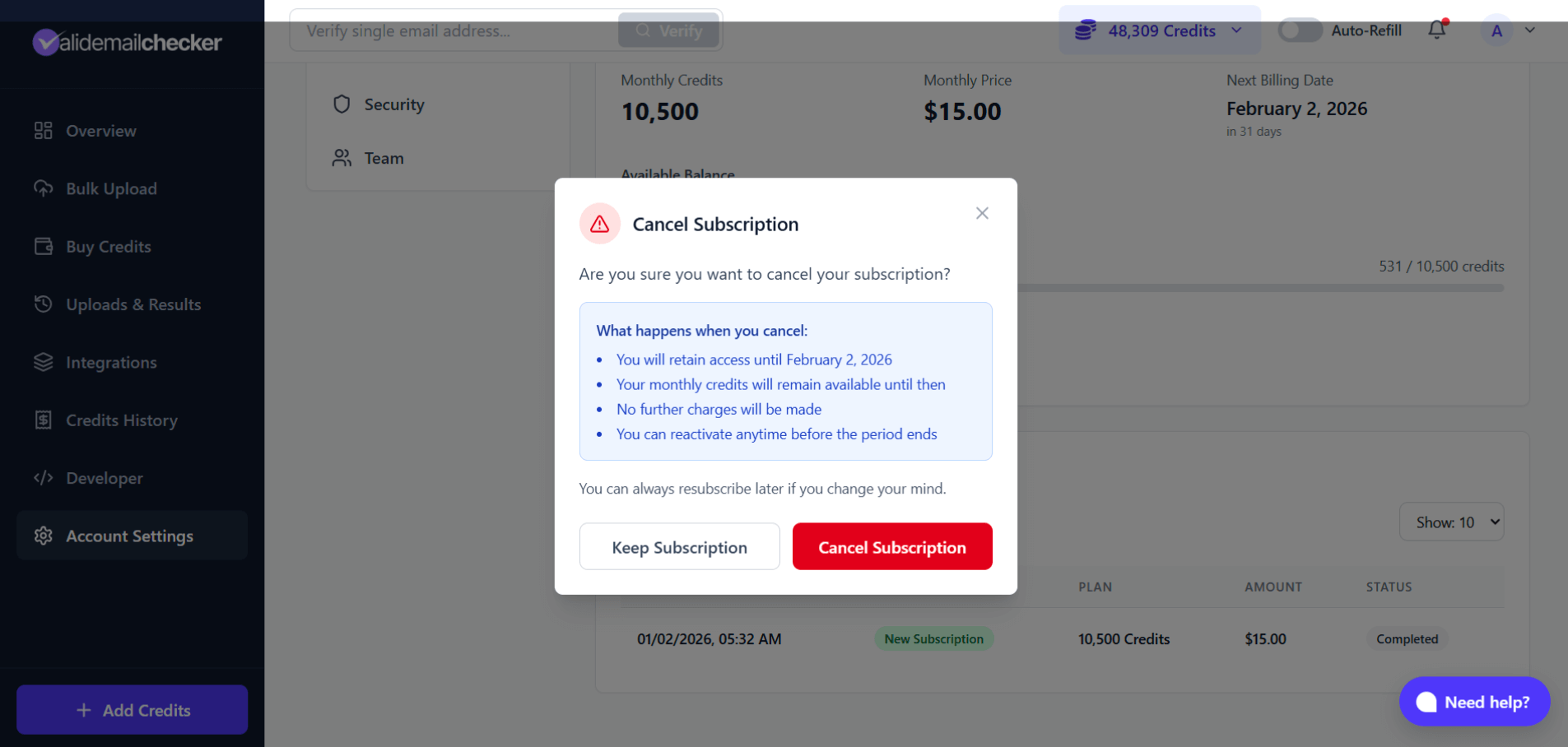 Cancel subscription confirmation modal explaining the grace period, what happens to credits, and a confirmation button