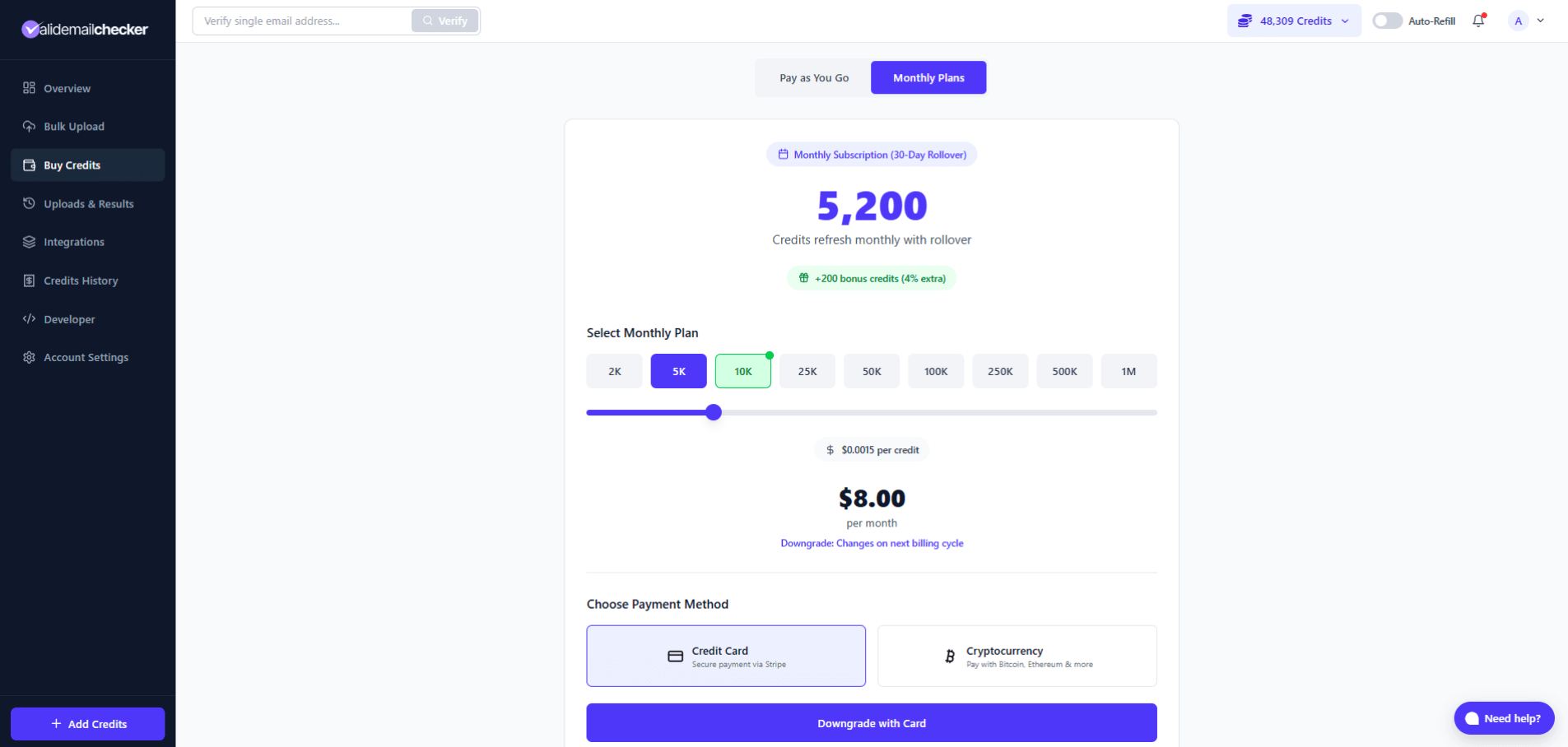 Buy Credits page showing monthly plan tiers with a "Downgrade: Changes on next billing cycle" banner on a smaller tier than the current plan