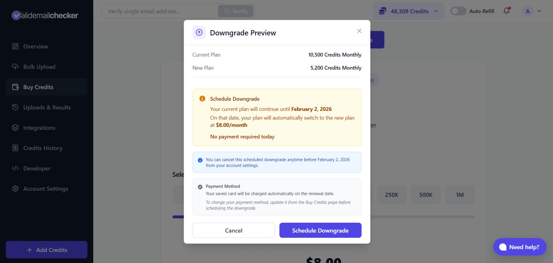 Downgrade preview modal showing current plan vs new plan, the effective date, the new monthly price, and confirmation that no payment is required today
