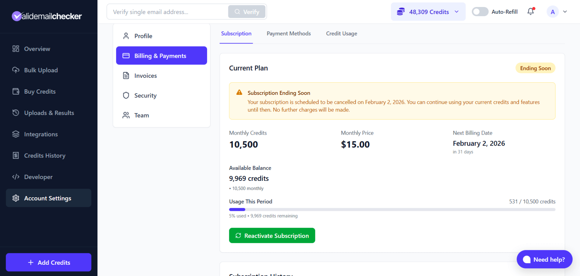 Subscription page during the grace period showing a cancellation banner with a Reactivate Subscription button