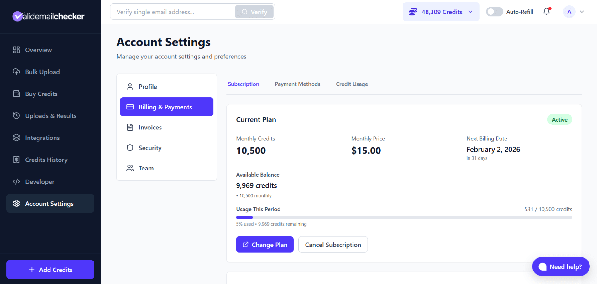 Subscription management page showing current plan card with status, monthly credits, monthly price, next billing date, available balance breakdown, usage progress bar, and action buttons