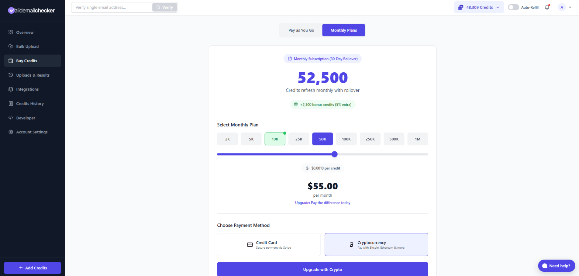 Buy Credits page showing monthly plan tiers with an "Upgrade: Pay the difference today" banner on a higher tier than the current plan