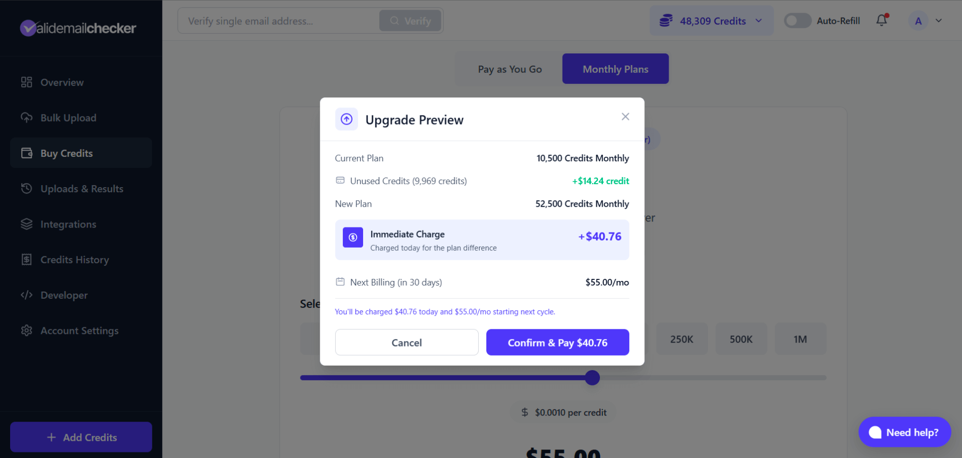 Upgrade preview modal showing the current plan, unused credits and dollar value, new plan, the prorated amount charged today, and the new next-billing amount
